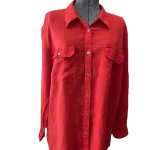 Lauren Ralph Lauren Shirt Women 3X Red Linen Button-Down Long Sleeve Relaxed Fit